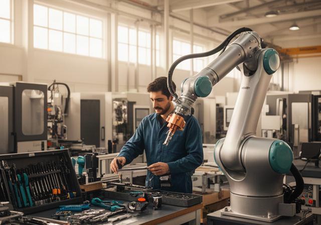 Robot colaborativo trabajando junto a un operario en una planta industrial de Andalucía con iluminación natural y entorno de fabricación