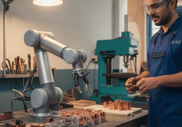 Robot colaborativo realizando ensamblaje ligero en un taller metalúrgico andaluz con operario supervisando