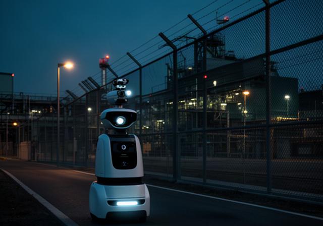 Robot de vigilancia perimetral con visión nocturna patrullando una instalación industrial crítica al anochecer